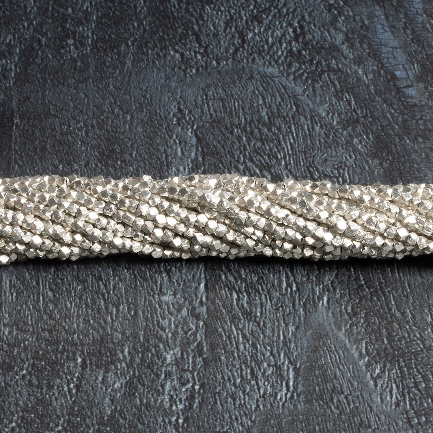 2mm Sterling Silver plated Copper Brushed Faceted Nuggets 8 inch 90 beads - The Bead Traders
