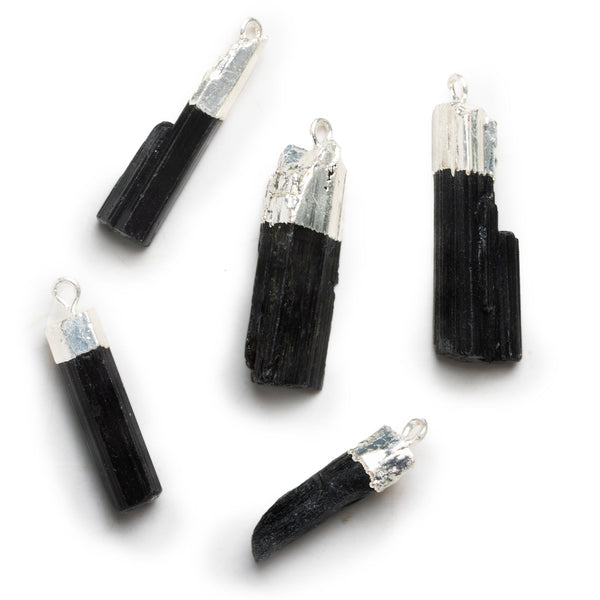31x8mm Silver Leafed Black Tourmaline Natural Crystal Pendant