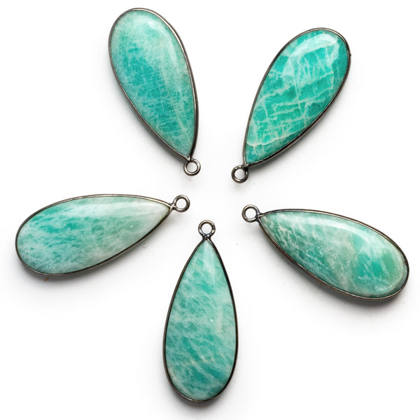 39x16mm Black Gold Bezeled Amazonite Pear Pendant 1 Bead