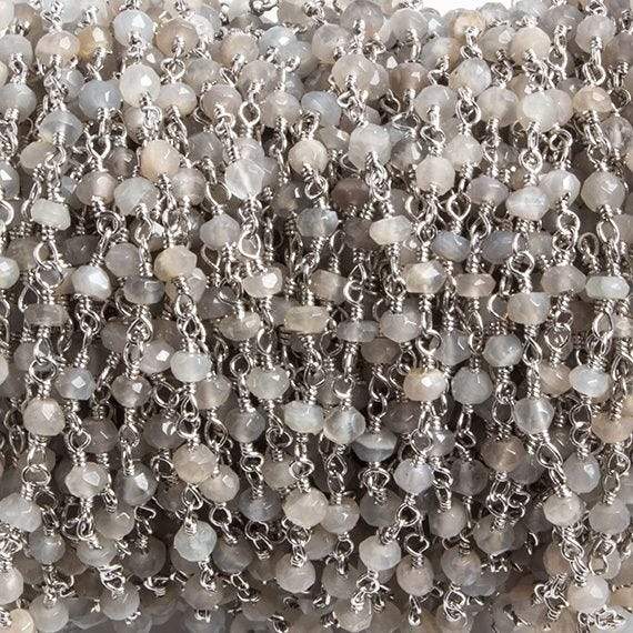 3mm Grey Moonstone Rondelle Silver Chain 36 beads - The Bead Traders