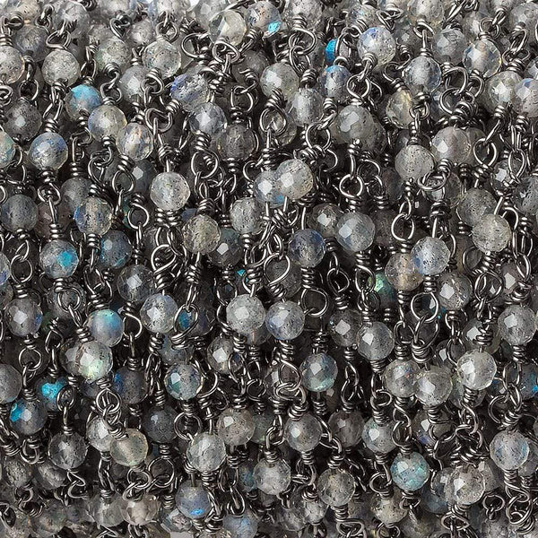 3mm Labradorite Microfaceted Round Black Gold Chain 40 beads