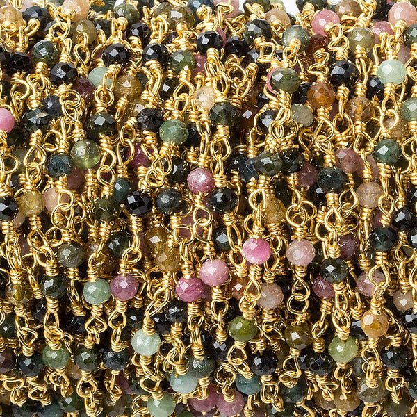 3mm Multi Color Tourmaline Microfaceted Round Gold Chain 40 beads