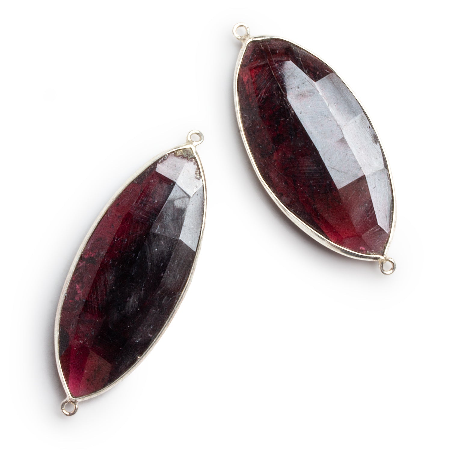 42x18mm Silver Bezeled Rhodolite Garnet Marquise Connectors 2 Beads - The Bead Traders