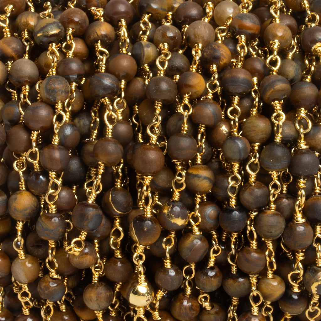4.5mm Matte Tiger's Eye Round Gold Chain 30 beads - The Bead Traders