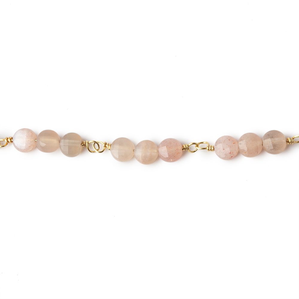 4mm Angel Skin Peach Moonstone Coin Trio Gold Chain 54 beads - The Bead Traders