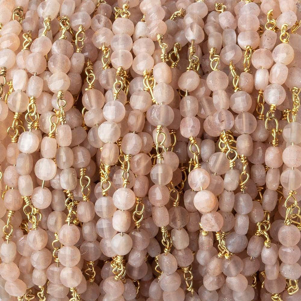 4mm Angel Skin Peach Moonstone Coin Trio Gold Chain 54 beads