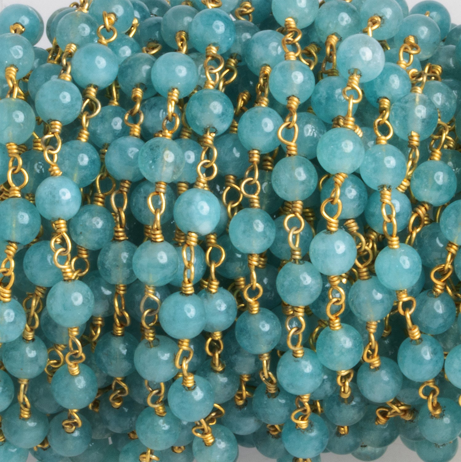 4mm Blue Chalcedony Round Gold Chain 31 Beads - The Bead Traders