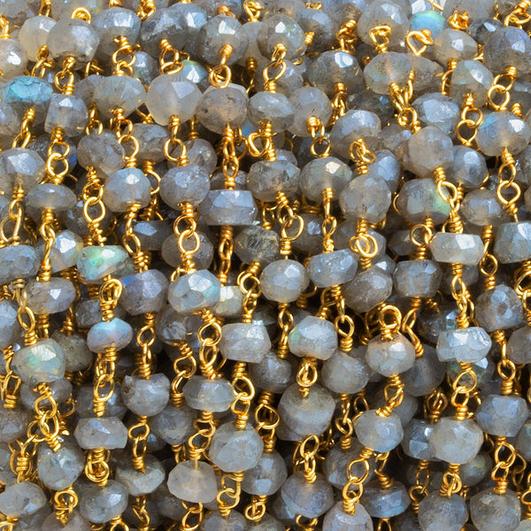 4mm Mystic Labradorite faceted rondelle Gold Chain 37 beads