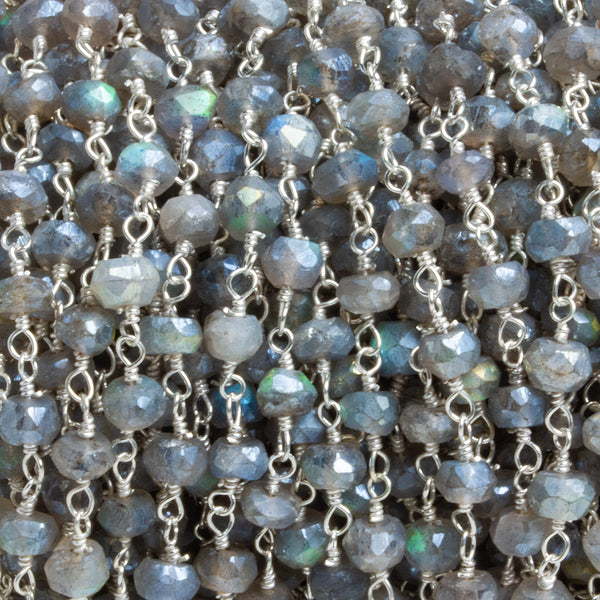 4mm Mystic Labradorite faceted rondelle Silver Chain 37 beads