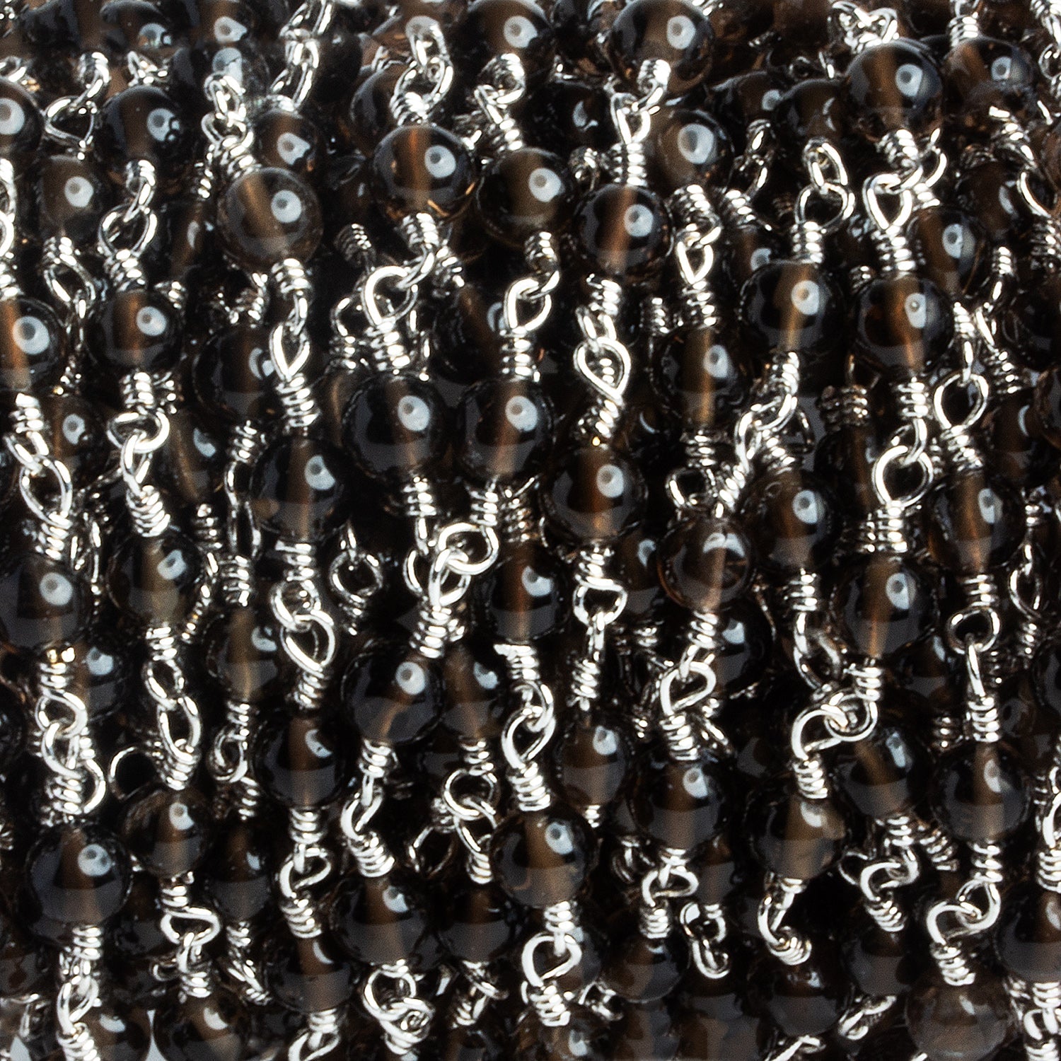 4mm Smoky Quartz Round Silver Chain 31 beads - The Bead Traders