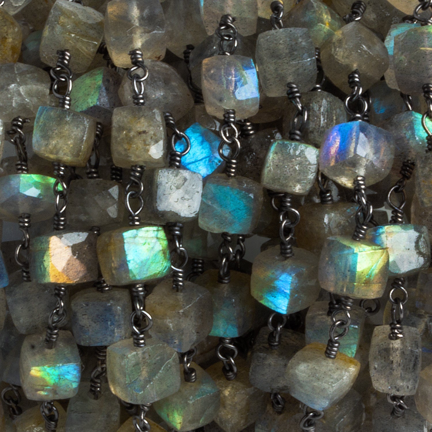 5-6mm Labradorite faceted cube Black Gold Chain 28 beads - The Bead Traders