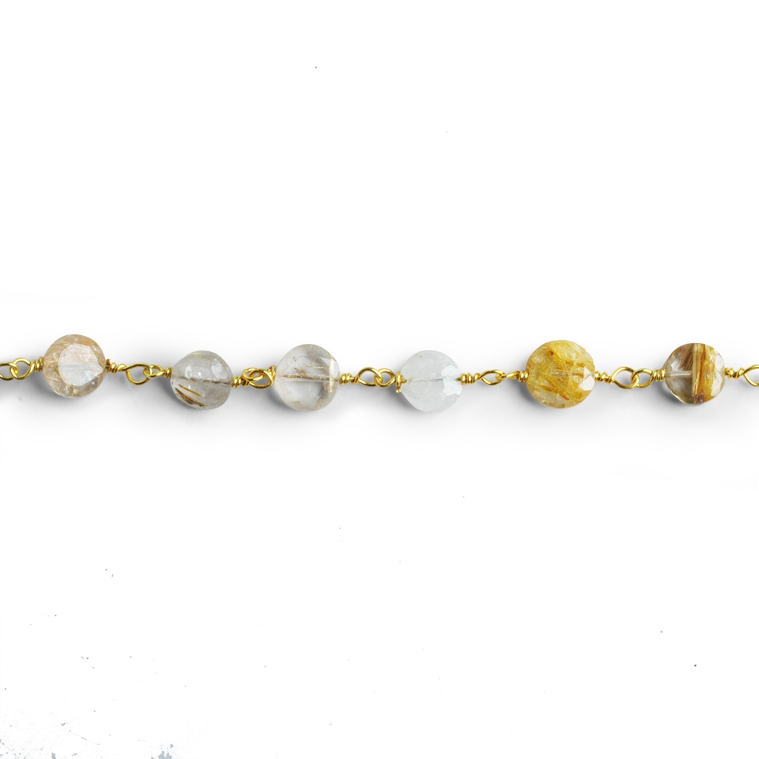 5 - 7mm Rutilated Quartz Coin Gold Chain 25 beads - The Bead Traders