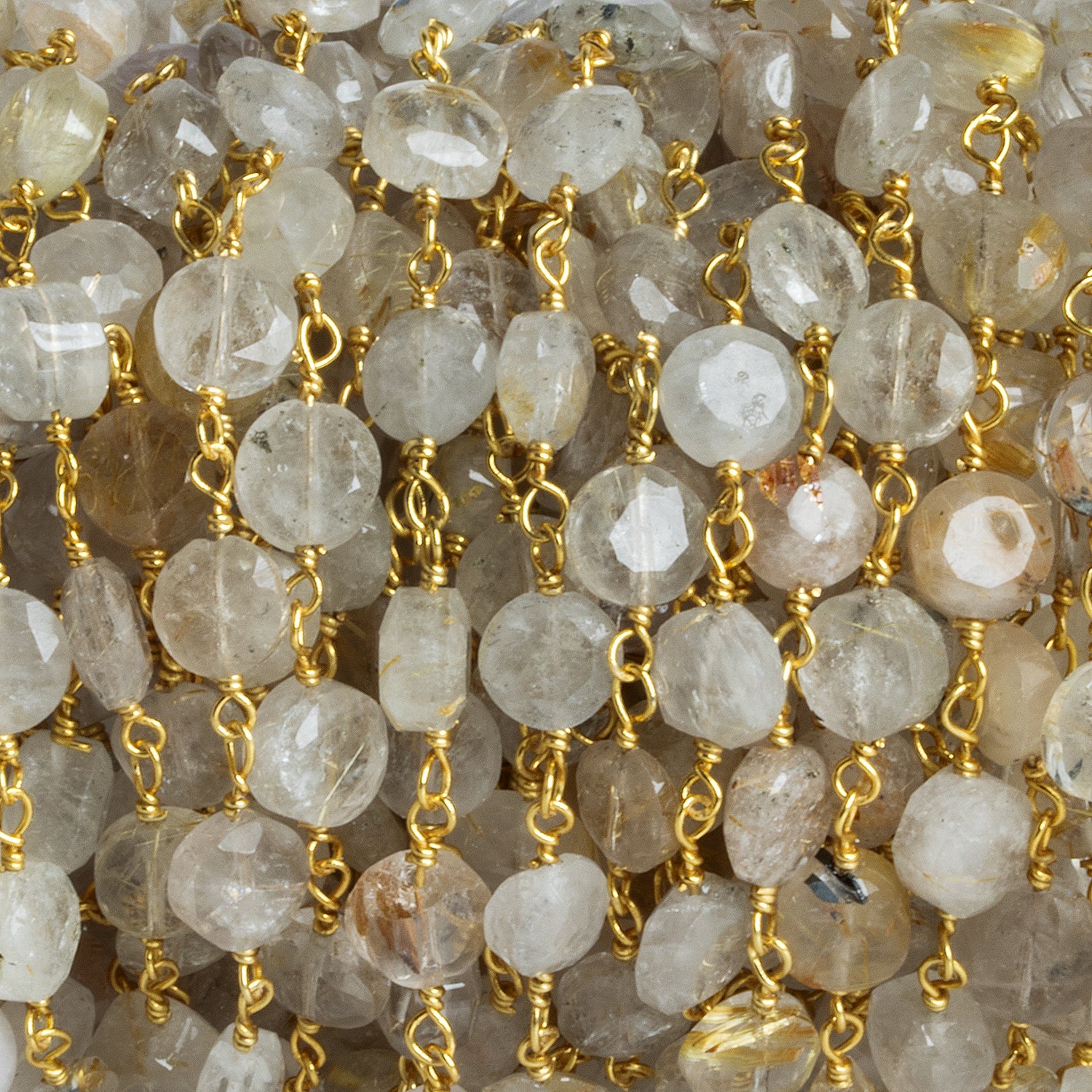 5 - 7mm Rutilated Quartz Coin Gold Chain 25 beads - The Bead Traders