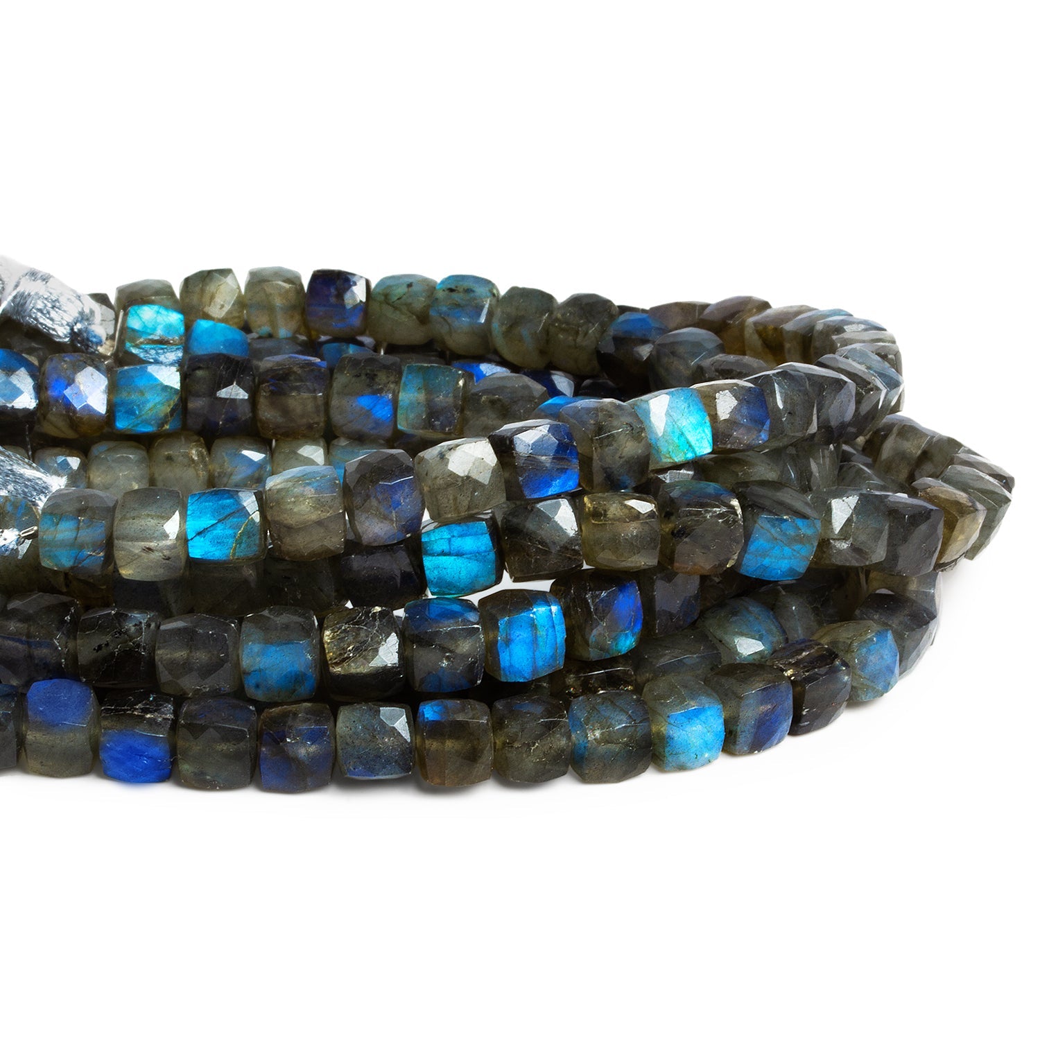 6 - 7mm Blue Flash Labradorite Faceted Cubes 8 inch 28 beads - The Bead Traders