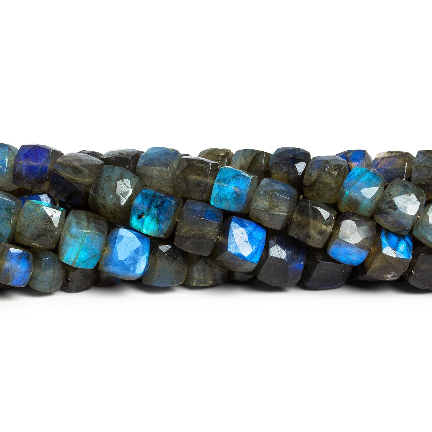 6 - 7mm Blue Flash Labradorite Faceted Cubes 8 inch 28 beads - The Bead Traders