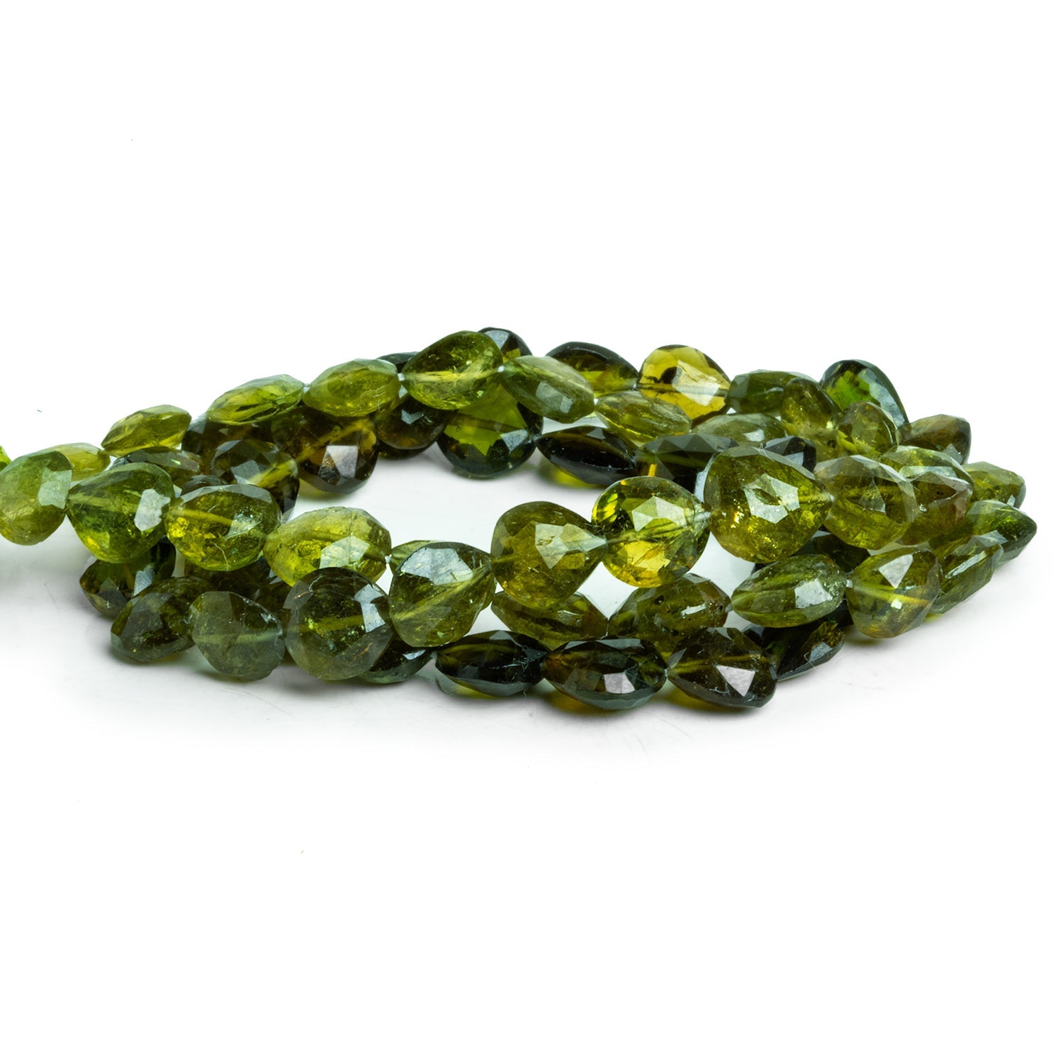 6.5 - 9mm Chrome Tourmaline Faceted Hearts 17 inch 60 beads - The Bead Traders