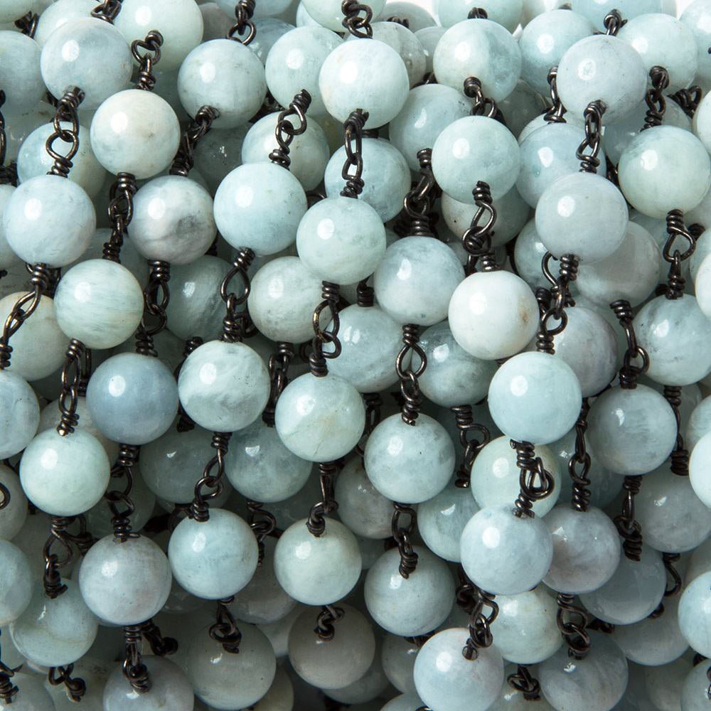 6.5mm Milky Aquamarine plain round Black Gold Chain 24 beads - The Bead Traders