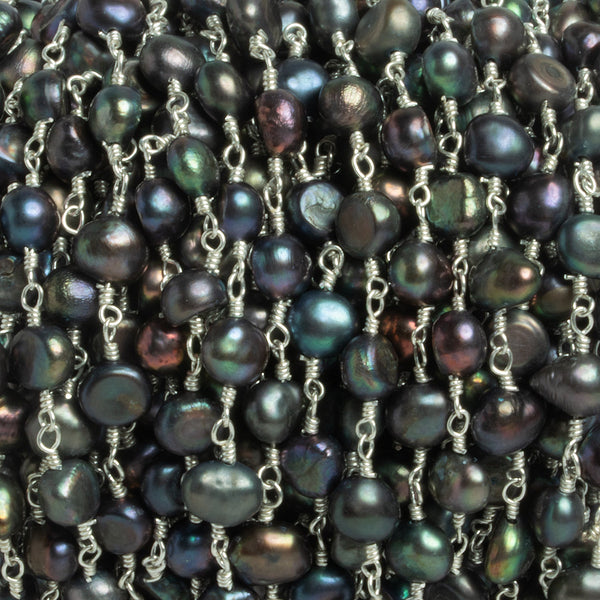 6.5x5mm Peacock Baroque Pearl Silver Chain 28 beads