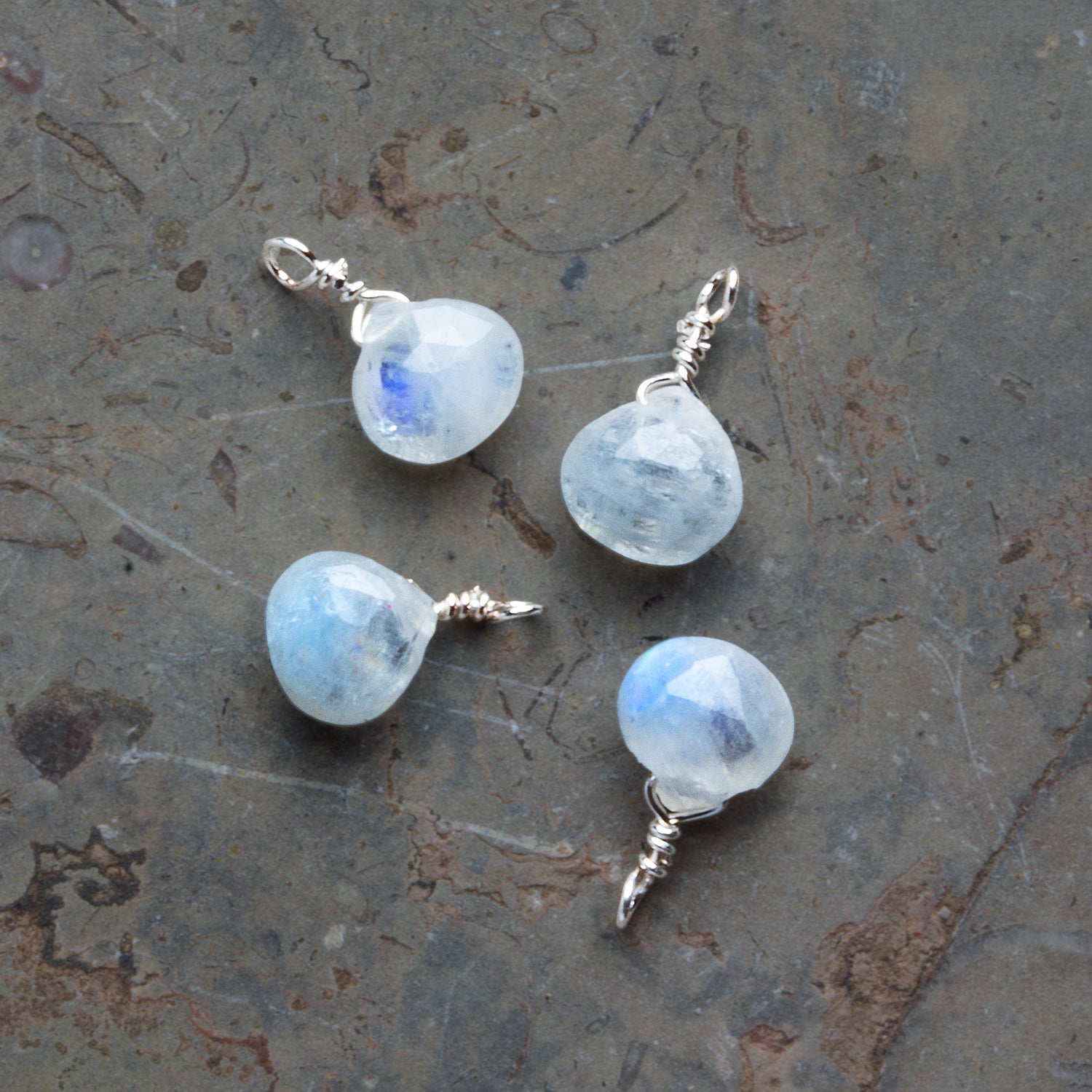 6mm Rainbow Moonstone Wire - Wrapped Heart Pendants 4 beads - The Bead Traders