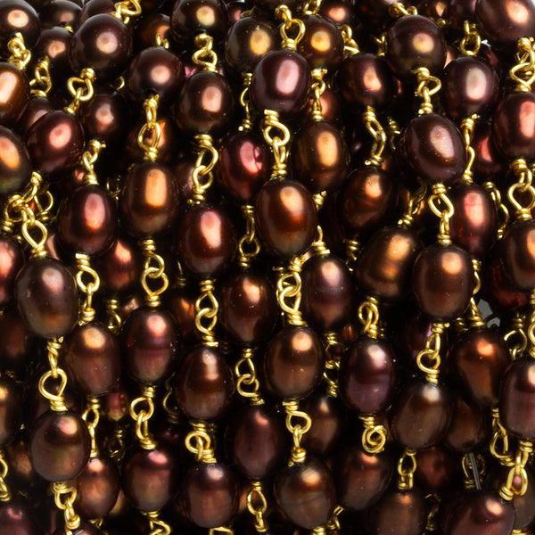 6x5mm Brown Oval Pearl Gold Chain 26 beads