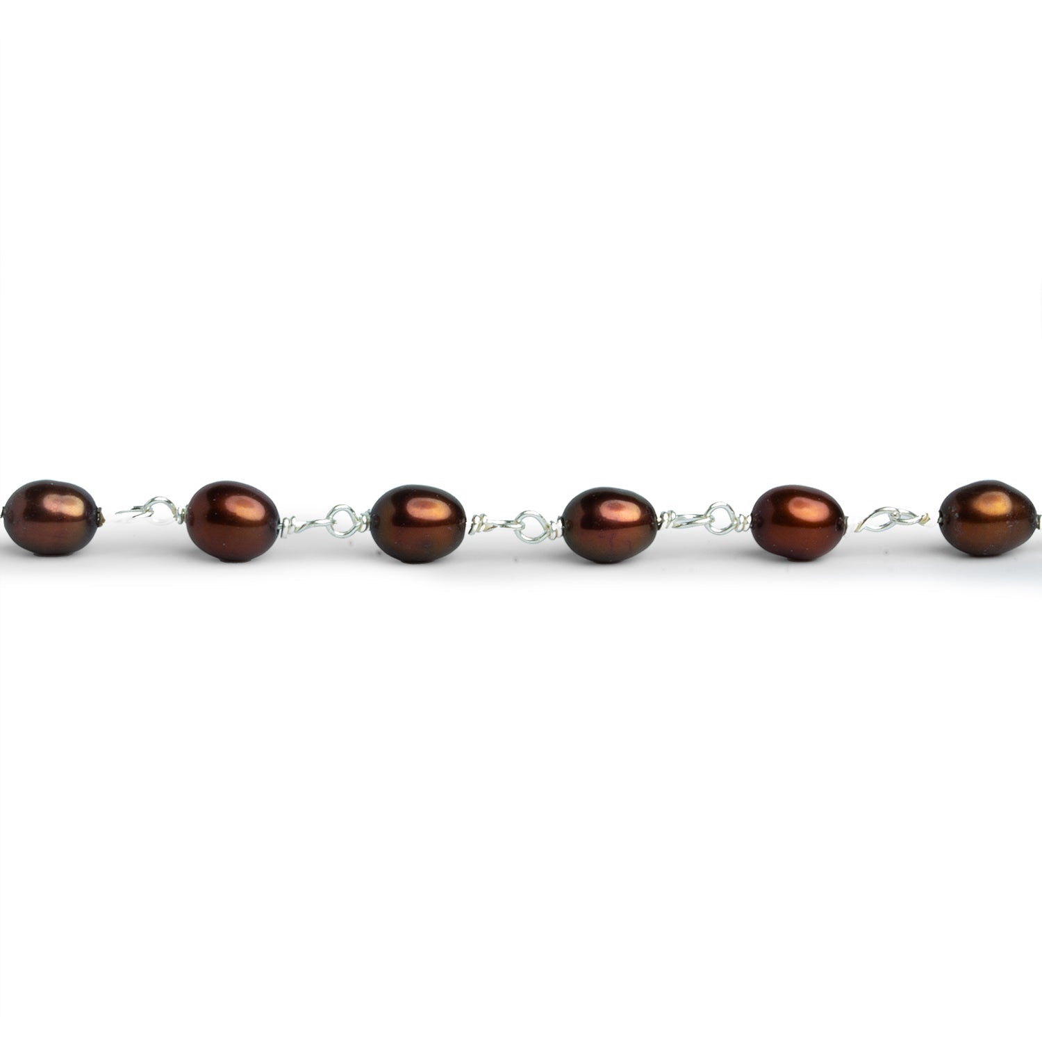 6x5mm Brown Oval Pearl Silver Chain 26 beads - The Bead Traders