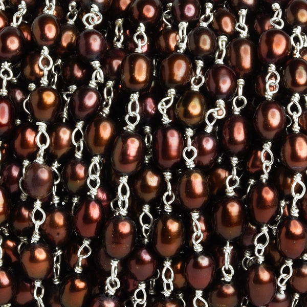 6x5mm Brown Oval Pearl Silver Chain 26 beads