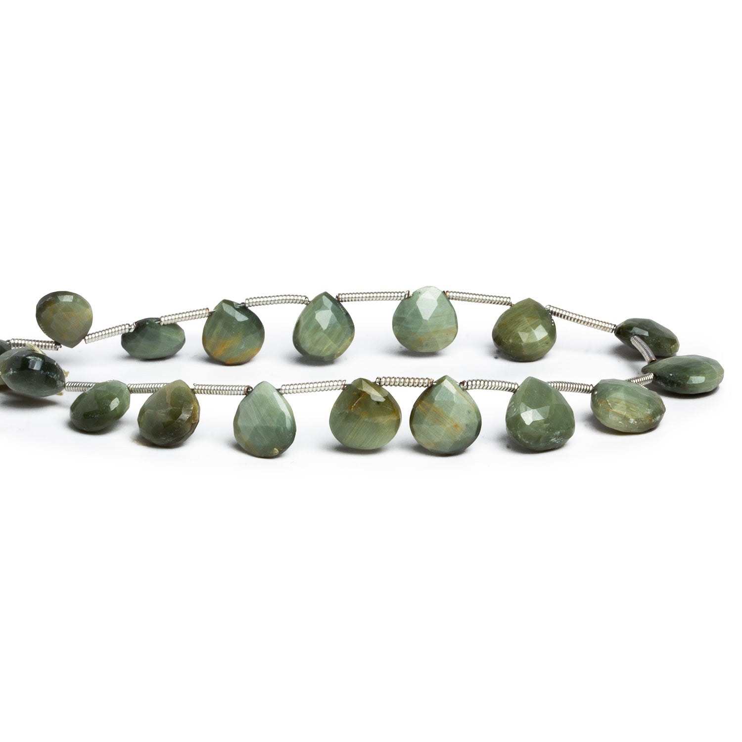 7 - 10mm Green Cat's Eye Quartz Faceted Hearts 8 inch 18 beads - The Bead Traders