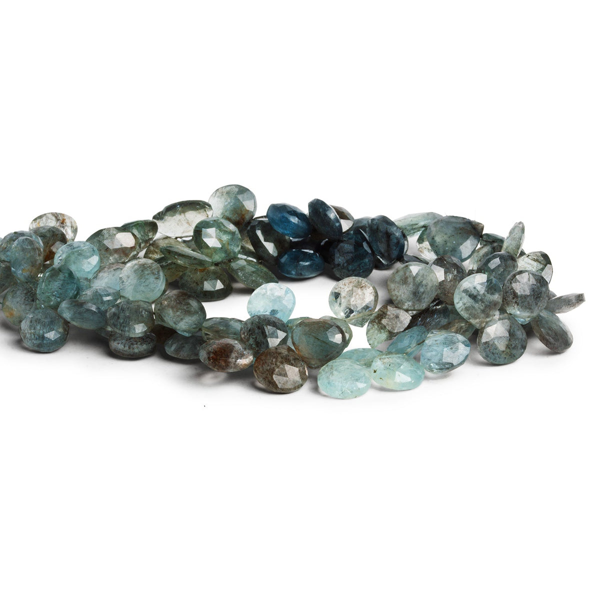 7-10mm Moss Aquamarine Faceted Hearts 8 inch 41 beads - The Bead Traders