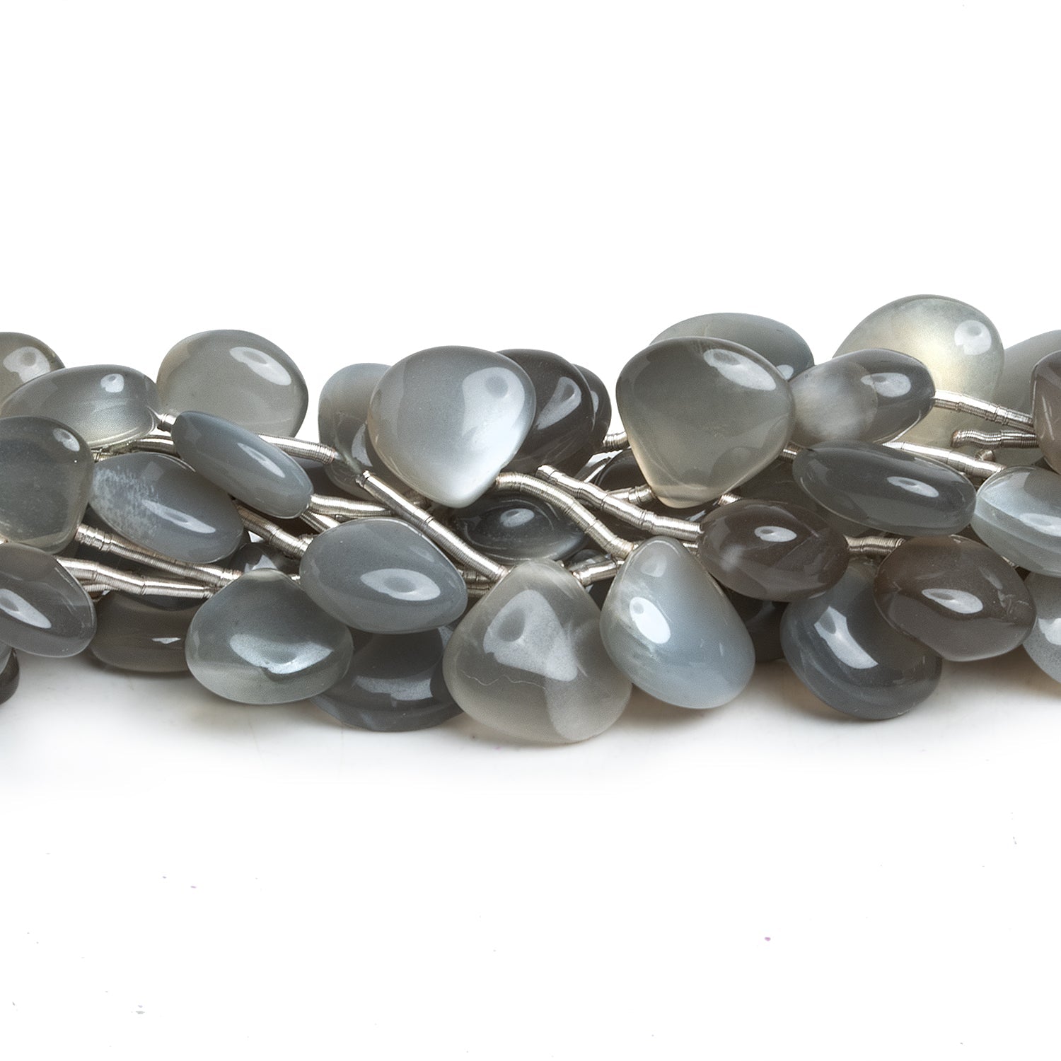 7 - 14mm Platinum Grey Moonstone Plain Hearts 10 inch 19 beads - The Bead Traders