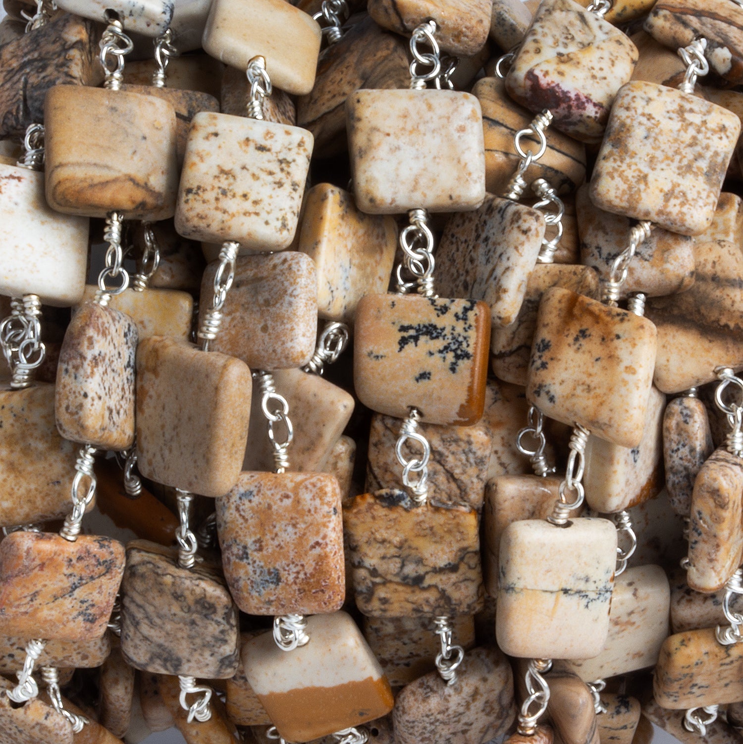 7-8mm Picture Jasper Square Silver Chain 22 beads - The Bead Traders