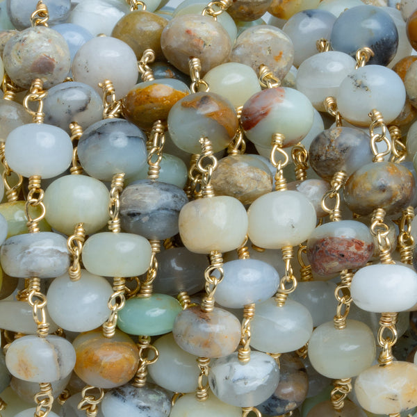 7mm Blue Peruvian Opal Rondelle Gold Chain 29 beads