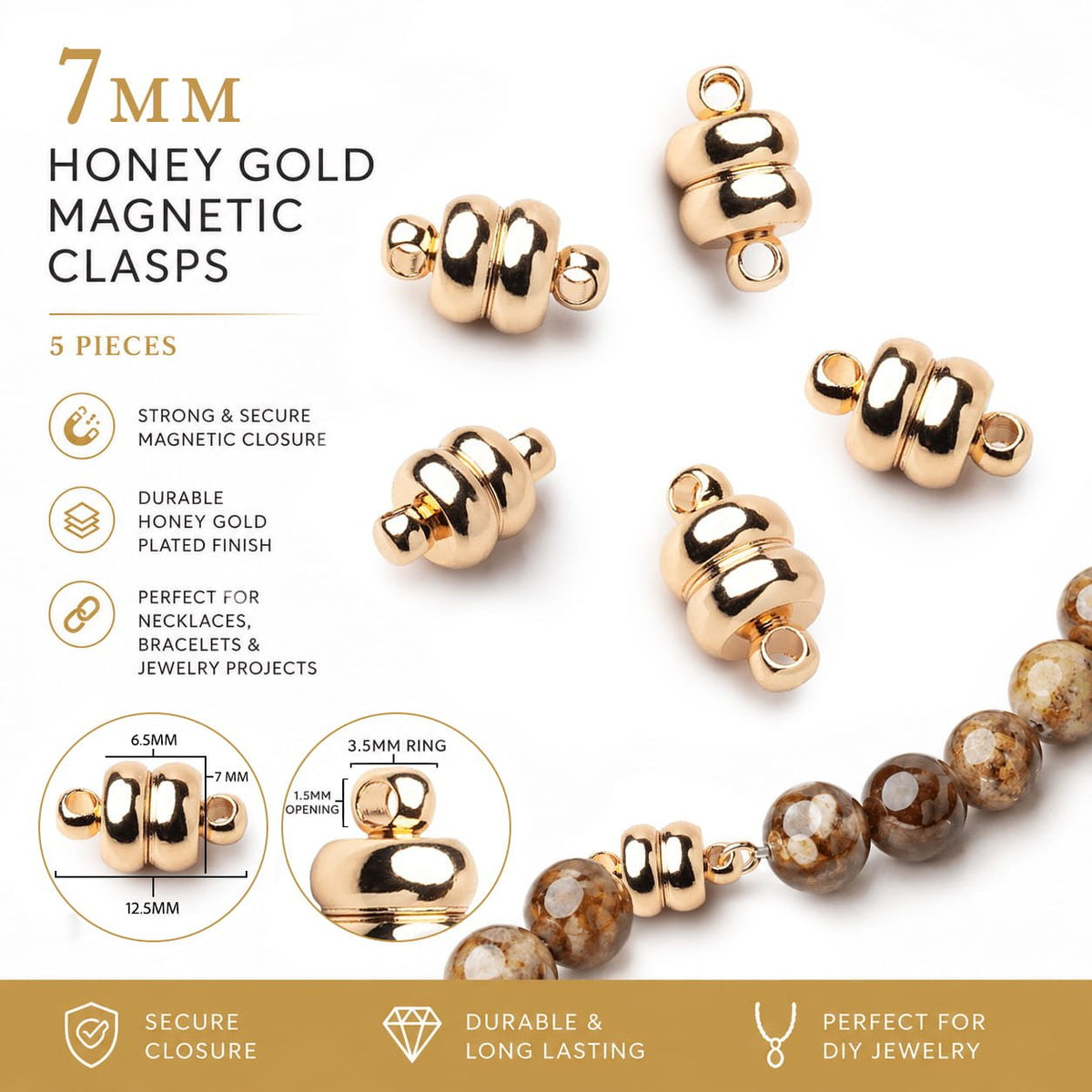 7mm Honey Gold plated Magnetic Clasp Set of 5 pieces - The Bead Traders