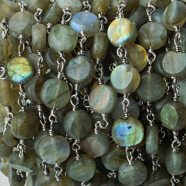 7mm Matte Labradorite Coin Black Gold Chain 25 beads