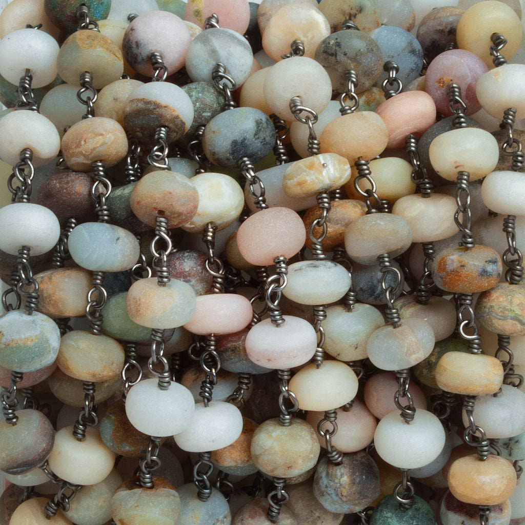 7mm Matte Multi Opal Plain Rondelles Black Gold Chain 28 beads - The Bead Traders