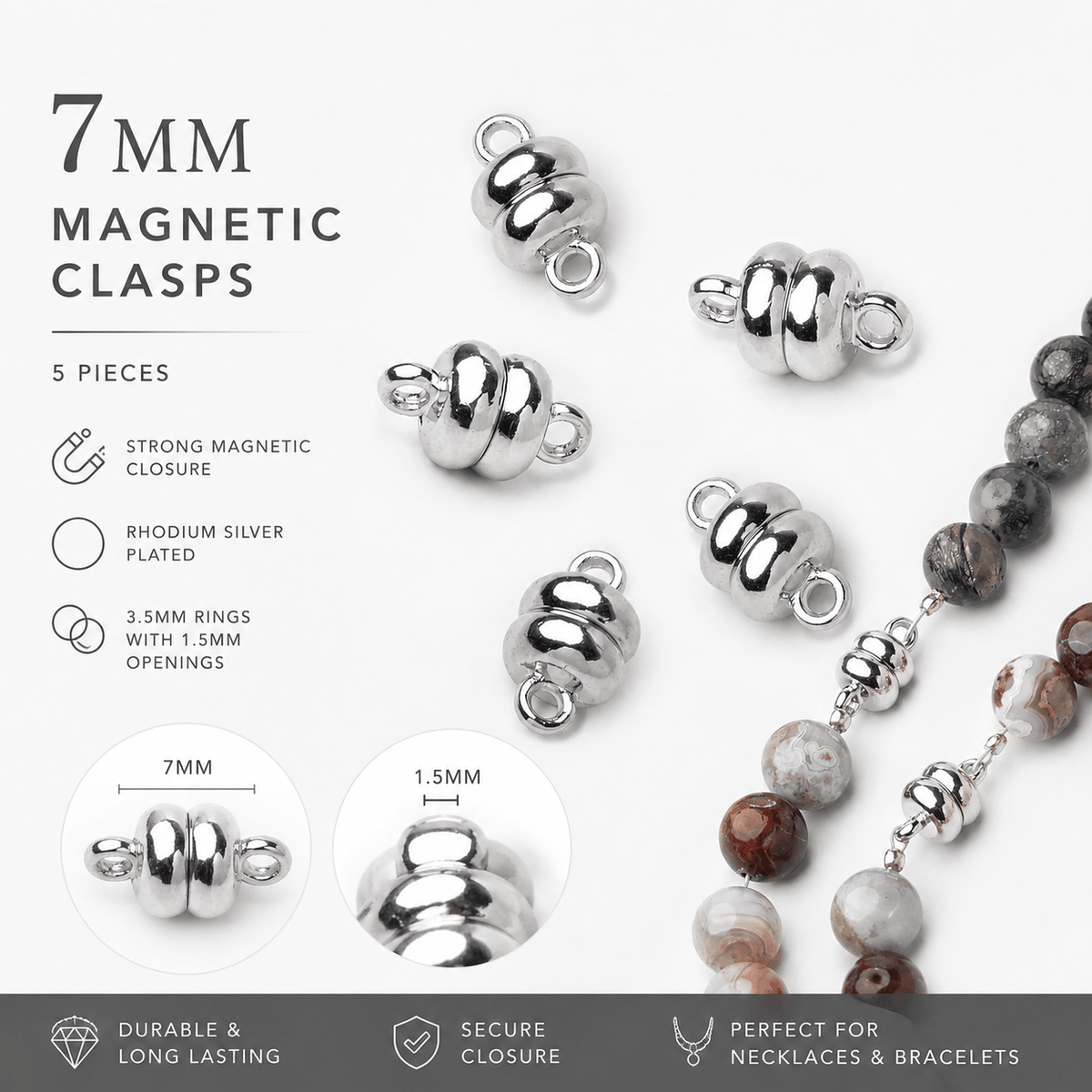 7mm Rhodium Silver plated Brass Ball Magnetic Clasp Set of 5 pieces - The Bead Traders