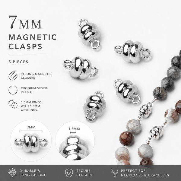 7mm Rhodium Silver plated Brass Ball Magnetic Clasp Set of 5 pieces