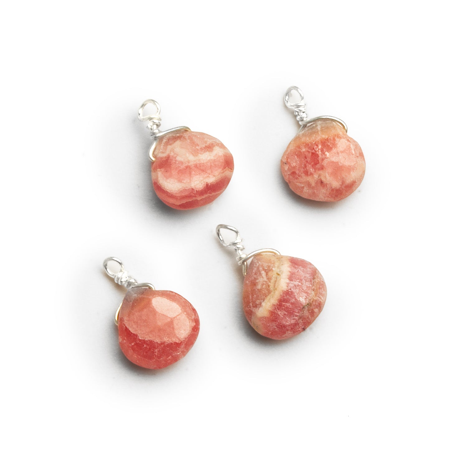 7mm Rhodocrosite Wire - Wrapped Heart Pendants 4 beads - The Bead Traders