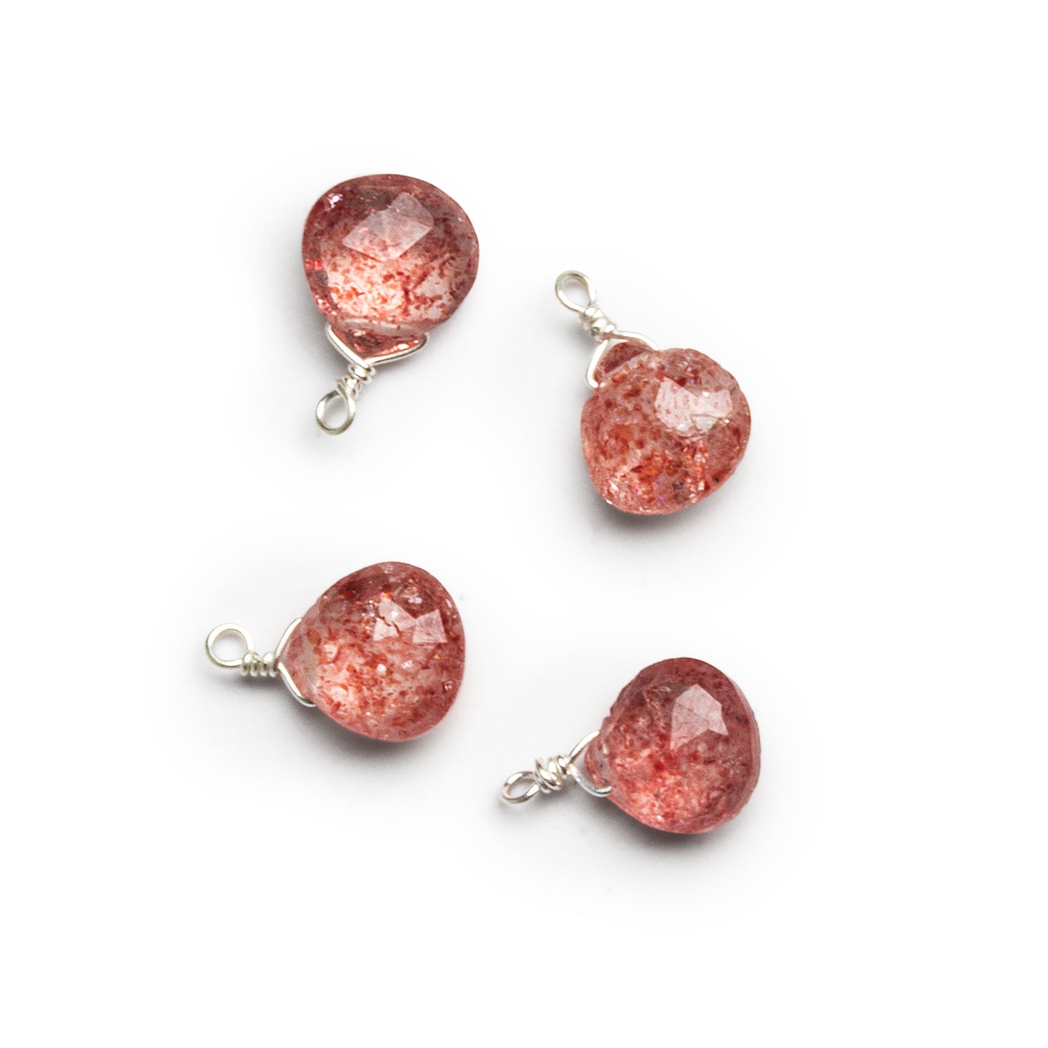 7mm Strawberry Quartz Wire - Wrapped Heart Pendants 4 beads - The Bead Traders