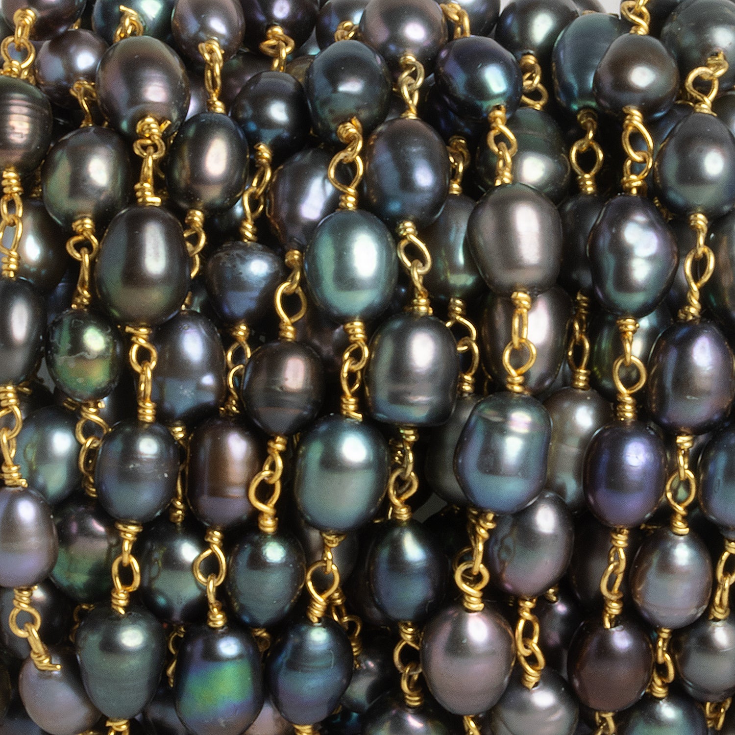 7x5mm Silver Peacock Oval Pearl Gold Plated Chain 24 beads - The Bead Traders