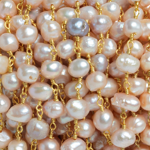 7x6mm Peach Baroque Pearl Gold Chain 25 beads