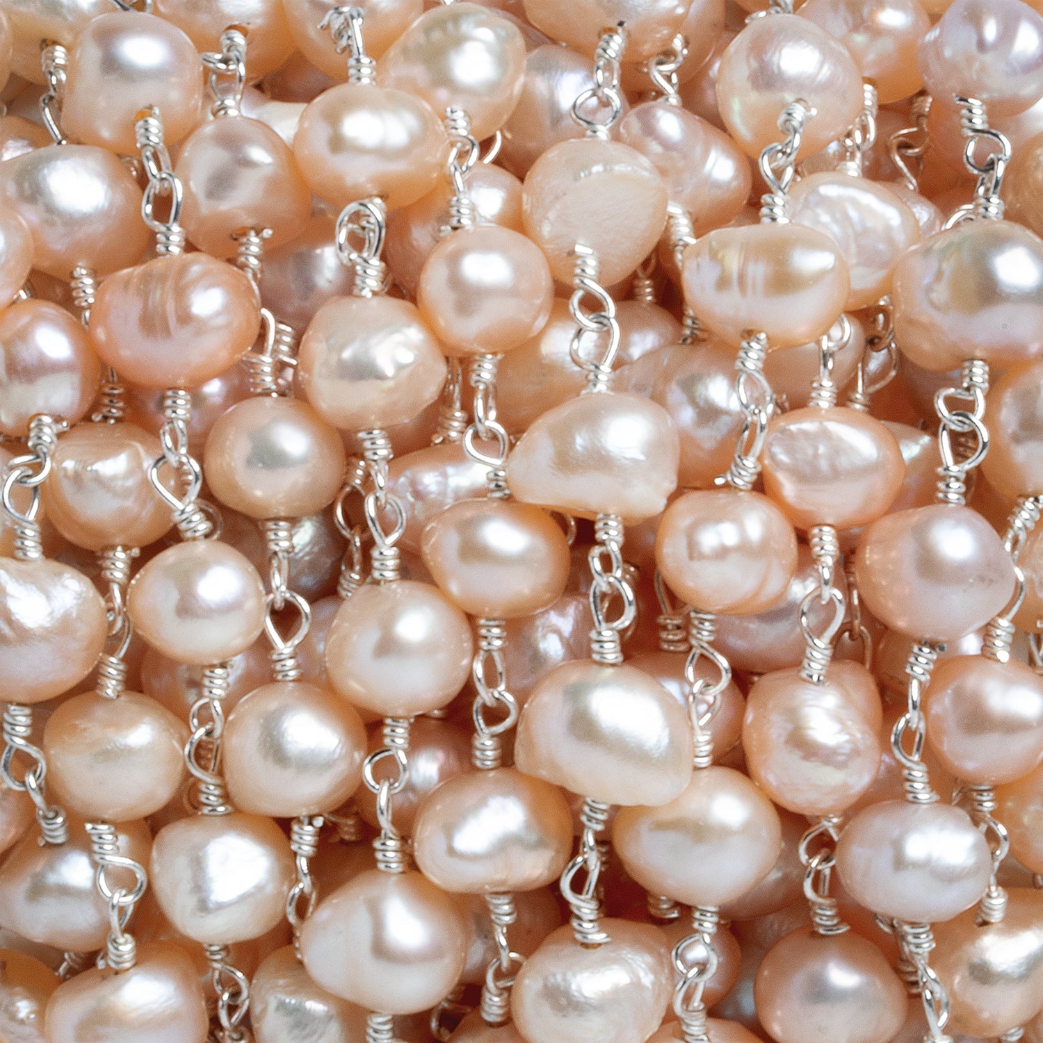 7x6mm Peach Baroque Pearl Silver Chain 25 beads - The Bead Traders
