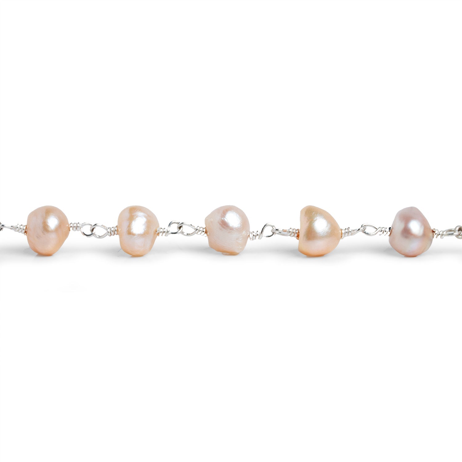 7x6mm Peach Baroque Pearl Silver Chain 25 beads - The Bead Traders