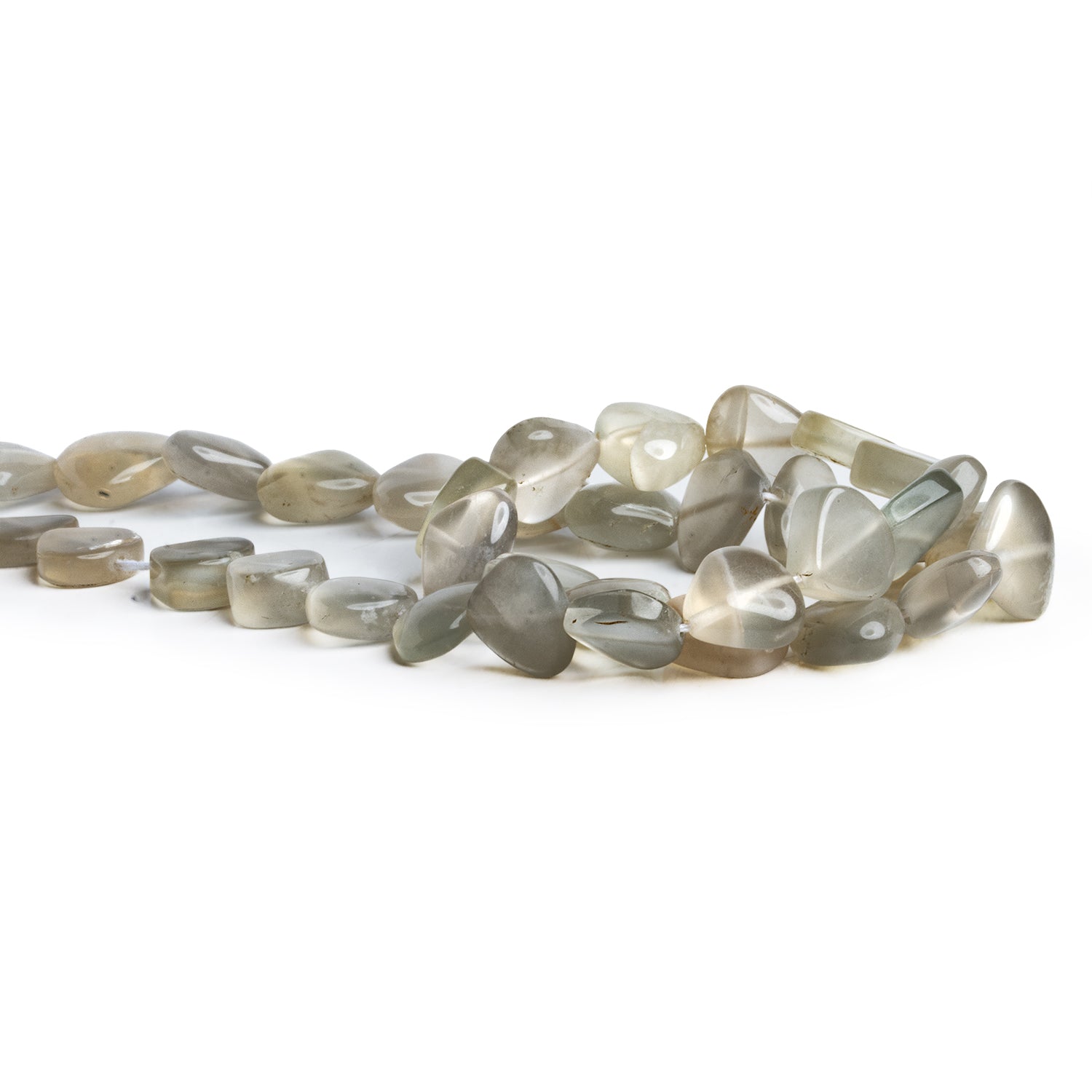 8 - 12mm Light Grey Moonstone Plain Hearts 14 inch 35 beads - The Bead Traders