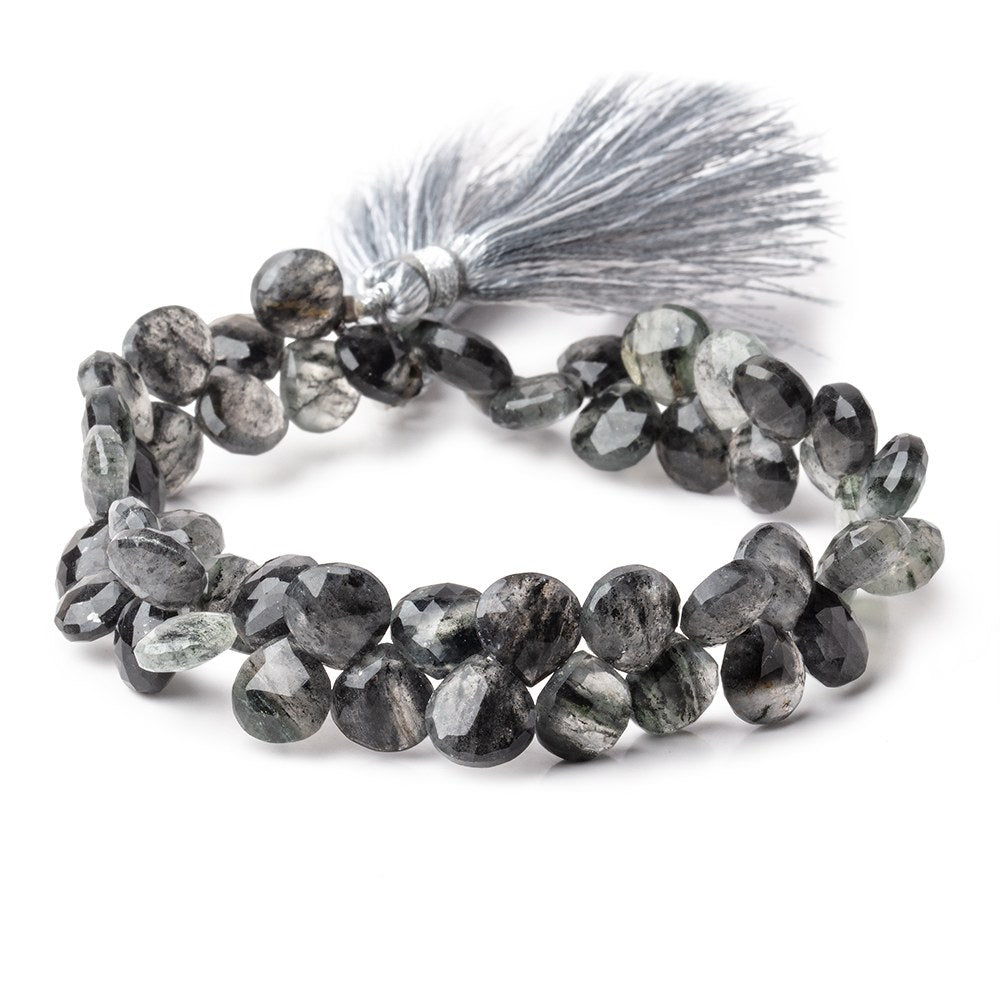 8.5 - 9mm Black Moss Quartz Faceted Hearts 8 inch 52 beads - The Bead Traders