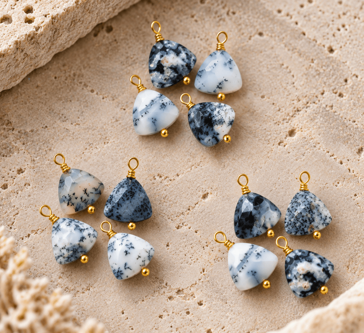 8mm Dendritic Opal Wire-Wrapped Triangle Pendants 4 Beads - The Bead Traders