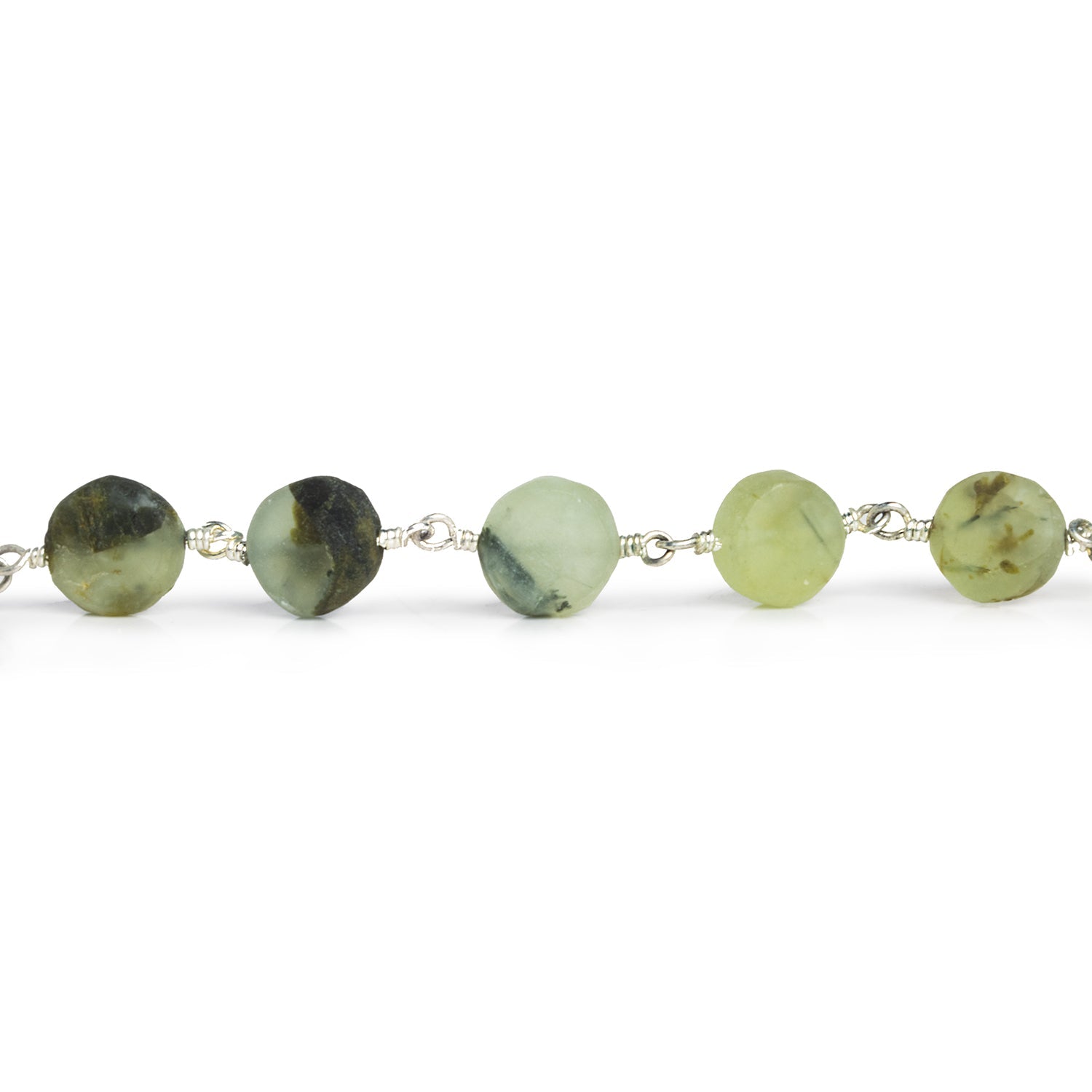 8mm Matte Dendritic Prehnite Coin Silver Chain 22 beads - The Bead Traders