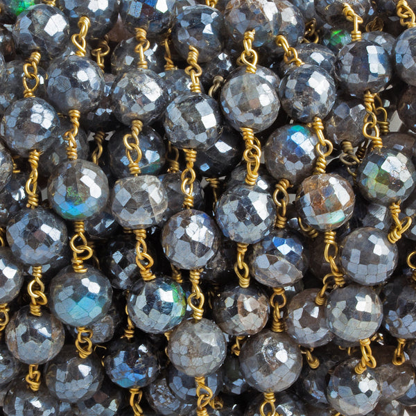 8mm Mystic Labradorite Faceted Round Gold Chain 22 beads