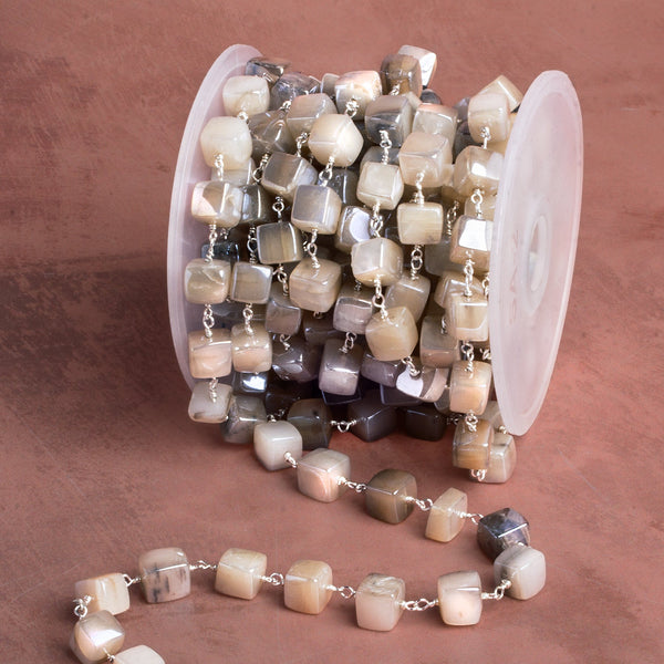 8mm Mystic Moonstone Plain Cube Silver plated Chain by the foot