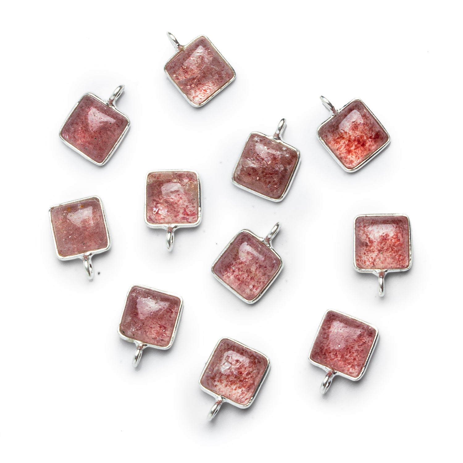 8mm Silver Bezeled Strawberry Quartz Square Pendant 1 Bead - The Bead Traders