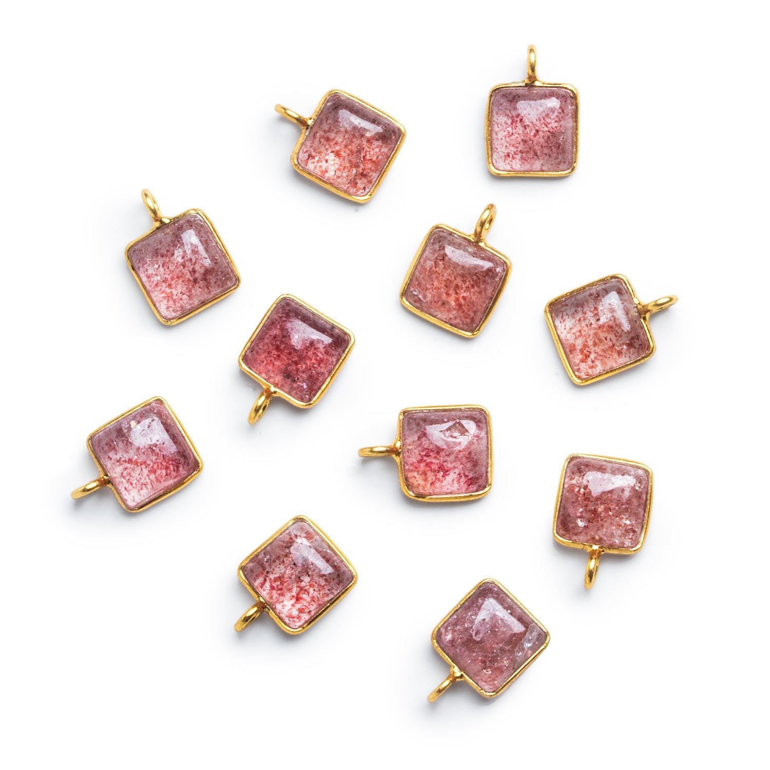8mm Vermeil Bezeled Strawberry Quartz Square Pendant 1 Bead - The Bead Traders